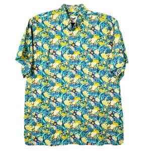 Yiume Men's Blue Jungle Flowers Print Cotton Hawaiian Shirt Short Sleeve Aloha